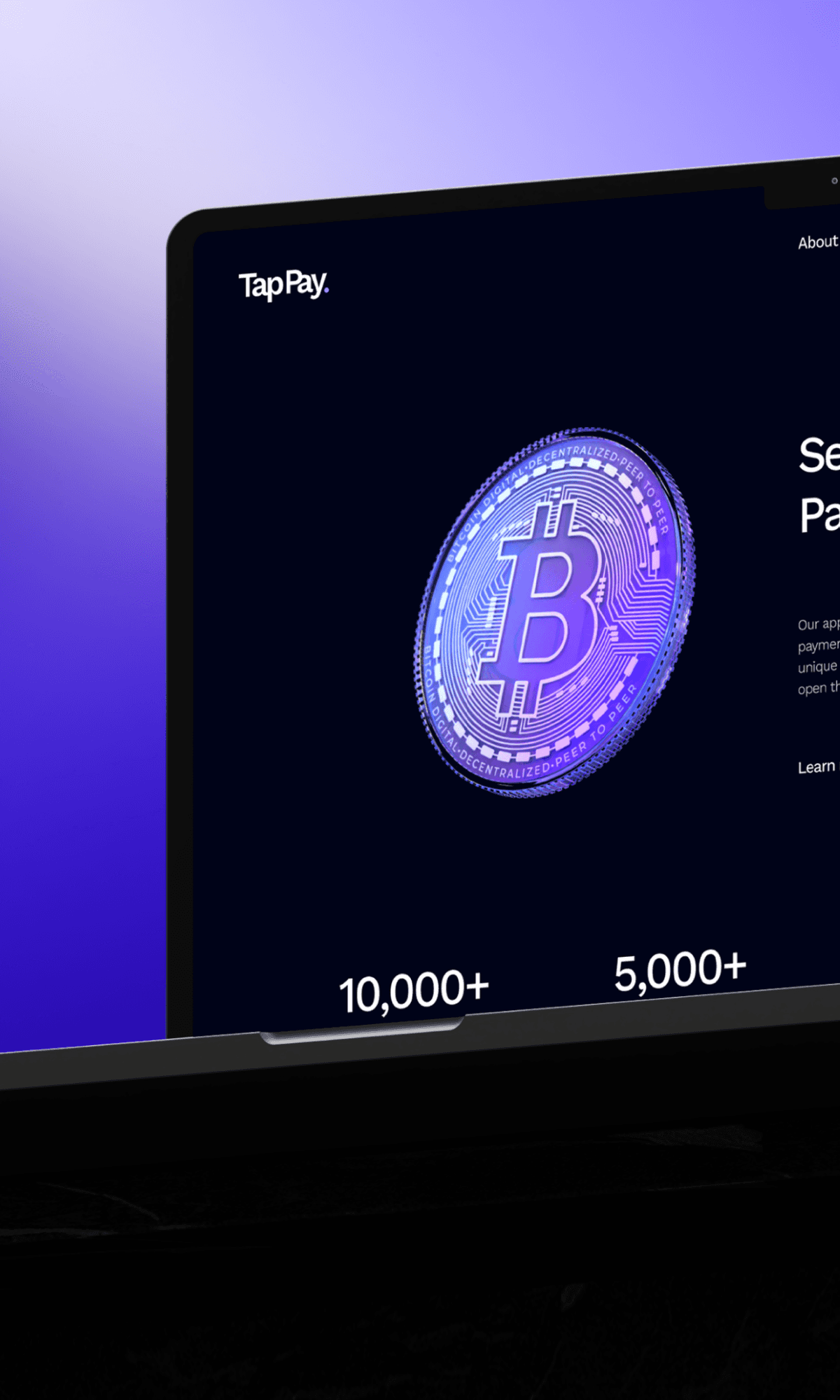 TapPay website on a laptop screen with a 3D Bitcoin coin