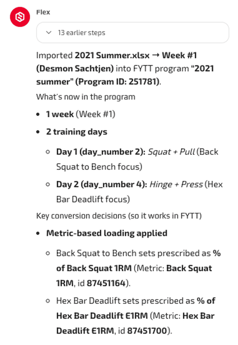 Flex imports a training program from a spreadsheet