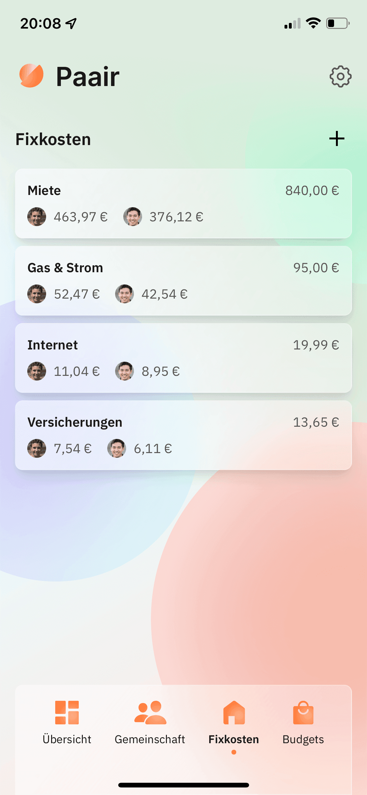 Pair Screenshot: Fixed costs overview