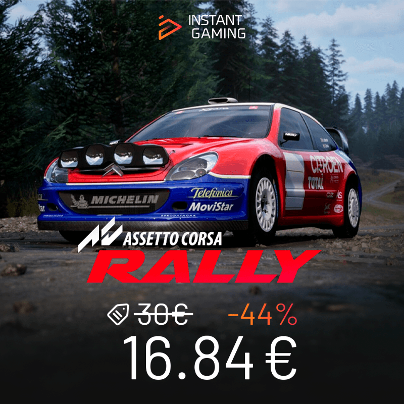 Jaquette Assetto Corsa Rally sur PC Steam, voiture Citroën WRC en pleine accélération sur route forestière, promotion Keyverse Gaming -44 %, jeu de rallye réaliste