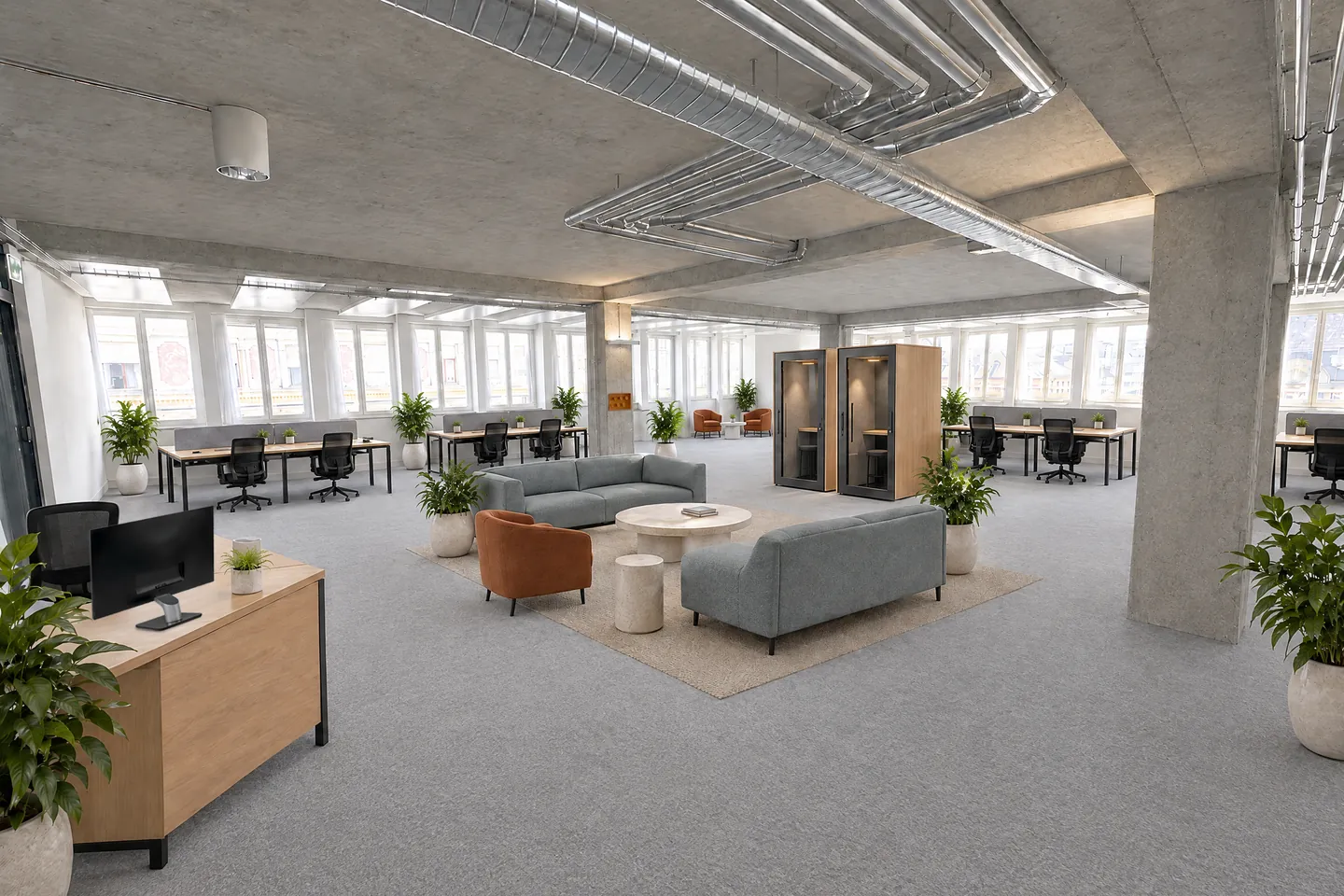 Visualisierung des 1. Obergeschosses als Bürofläche mit Lounge, Telefonboxen und Arbeitsplätzen am Fensterband