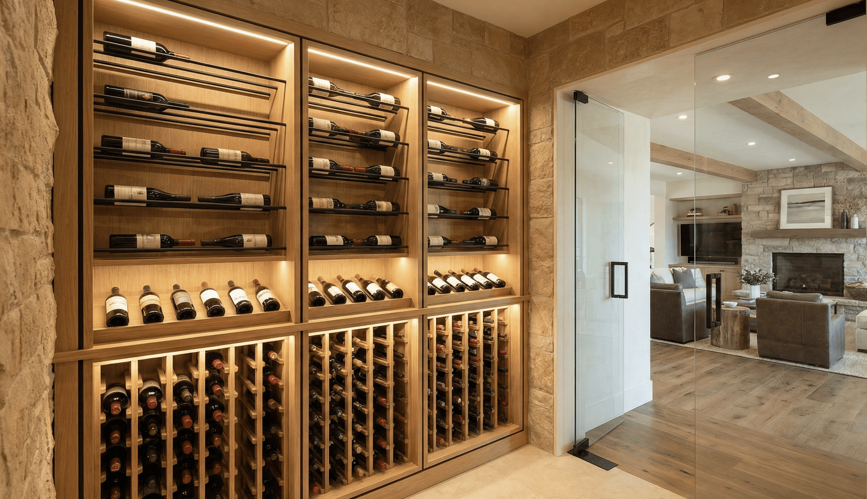 Turnkey custom wine cellar design and build featuring a glass wine wall with wood and metal racking by Prestige Wine Cellars