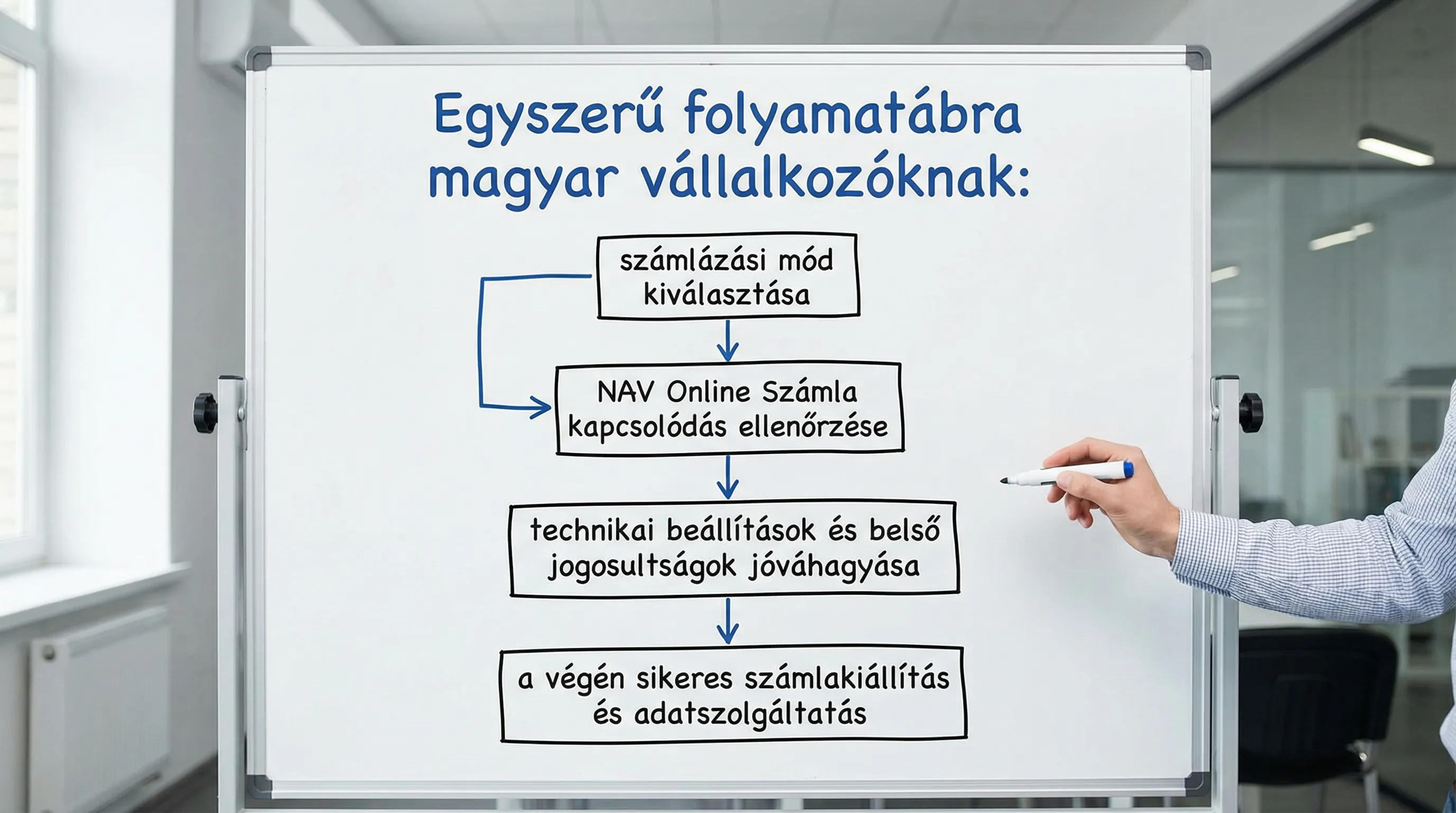 Egyszerű folyamatábra magyar vállalkozóknak: számlázási mód kiválasztása, NAV Online Számla kapcsolódás ellenőrzése, technikai beállítások és belső jogosultságok jóváhagyása, a végén sikeres számlakiállítás és adatszolgáltatás.