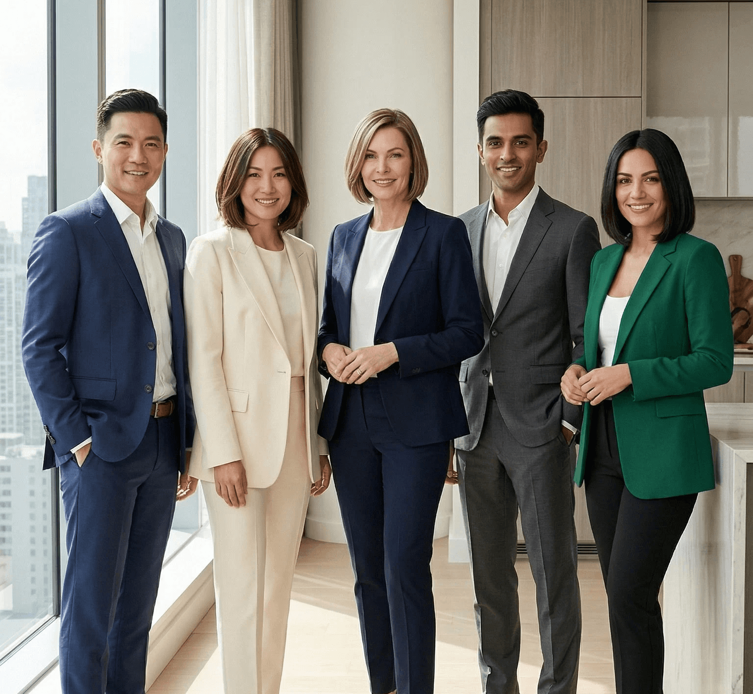 Five diverse professionals in business attire smile in a bright, modern room with windows overlooking a city.