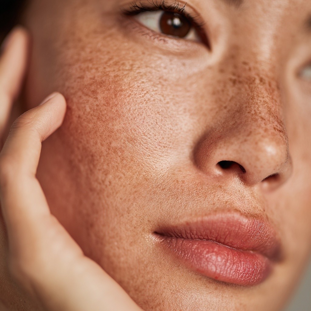 Close up portrait of a woman with freckles and warm skin, representing authenticity and the human side of holistic wellness coaching