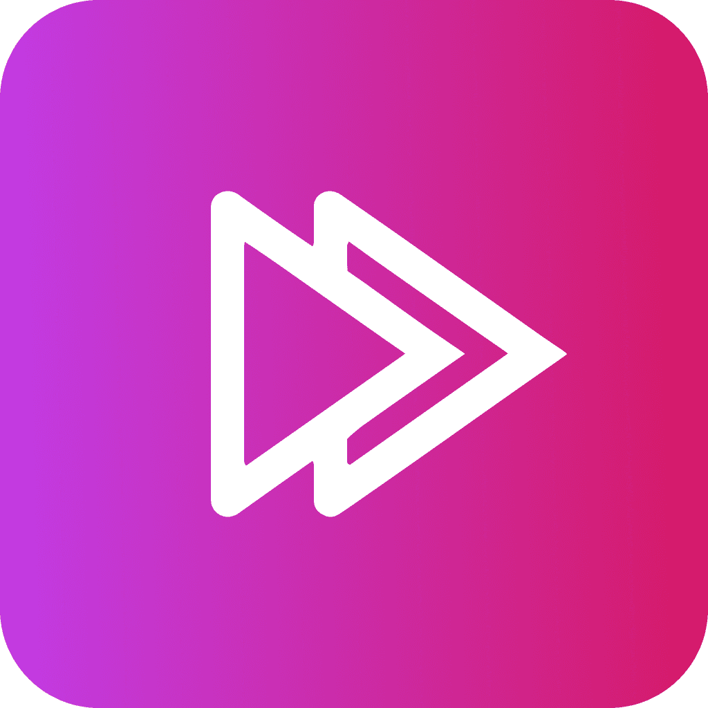 SpatialCut logo. Gradient play button logo featuring two overlapping right-facing triangles in white, set against a rounded square background with shades of purple and pink.