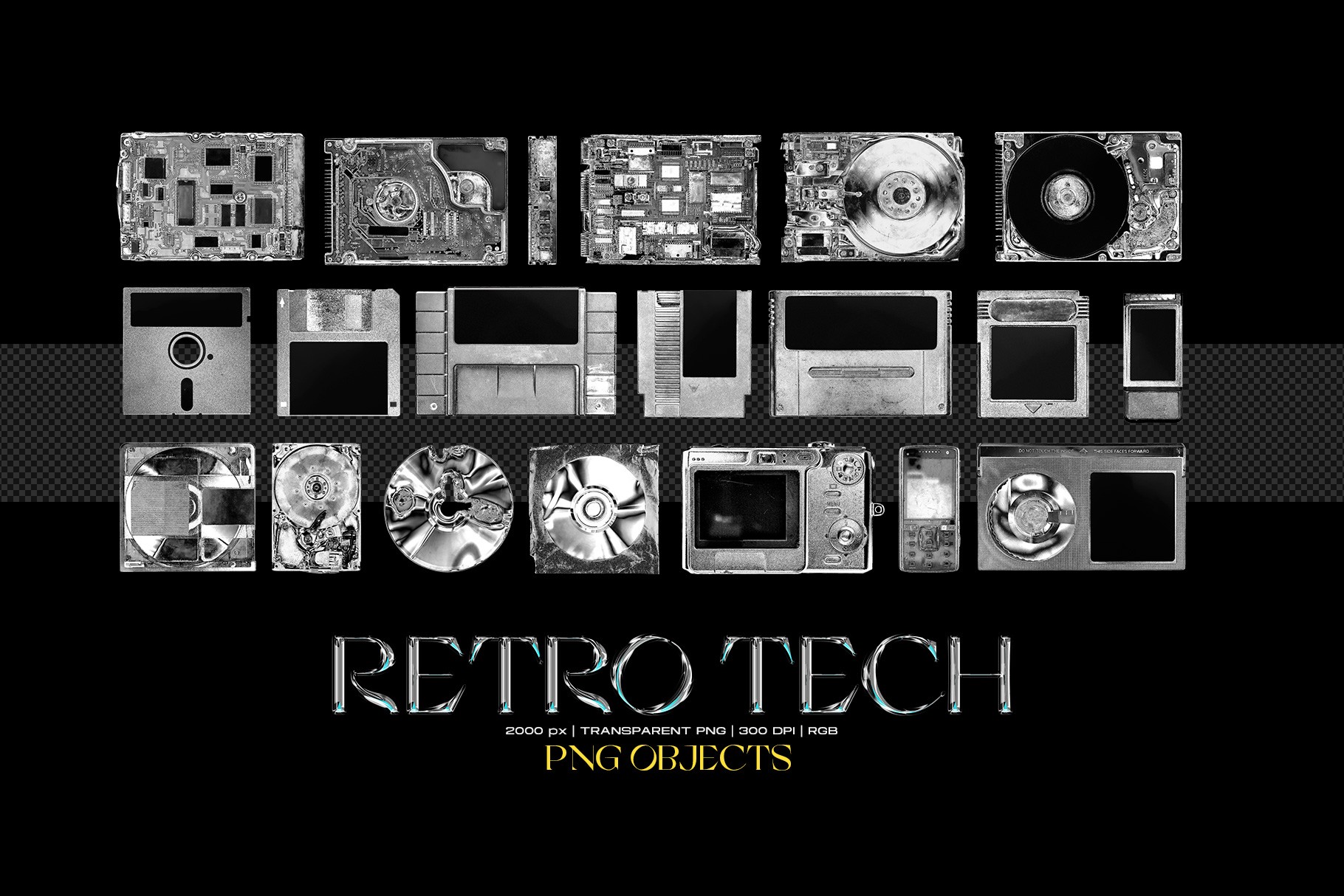 Chromatic Toolkit retro tech objects including metal floppy disks hard drives and vintage cameras in chrome