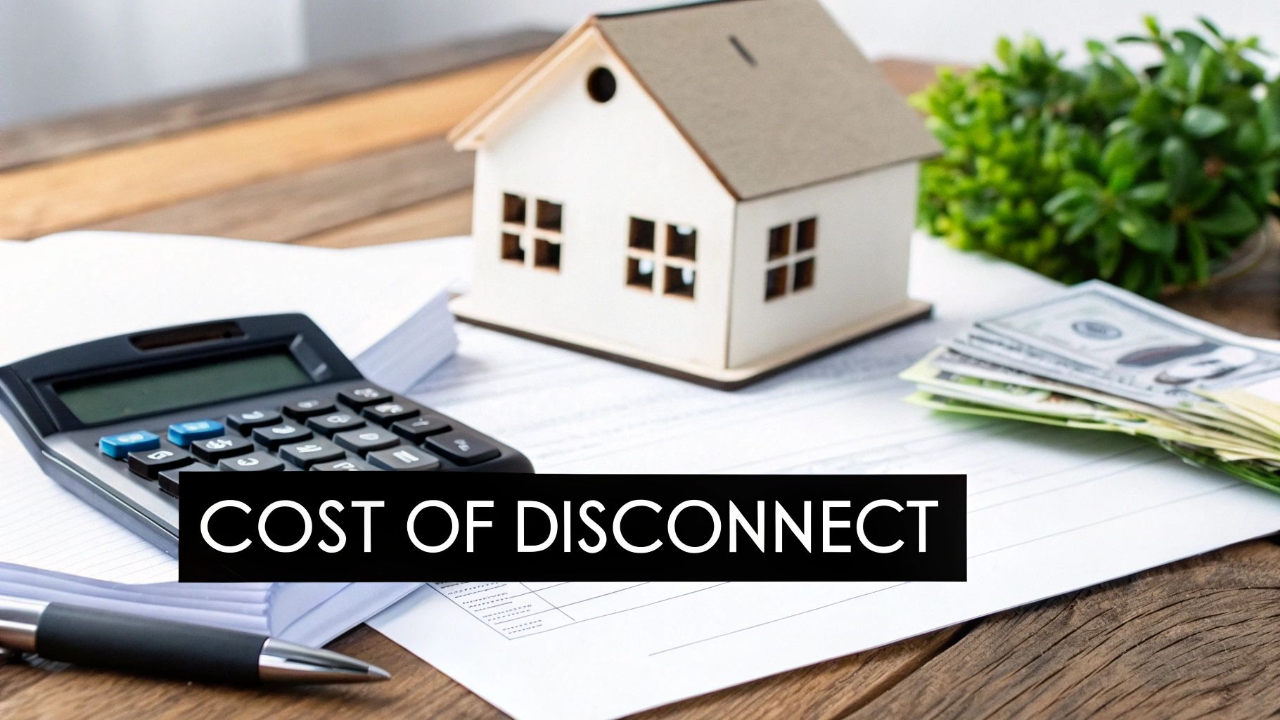A calculator, a miniature house, money, and documents on a wooden desk with the text 'COST OF DISCONNECT'.