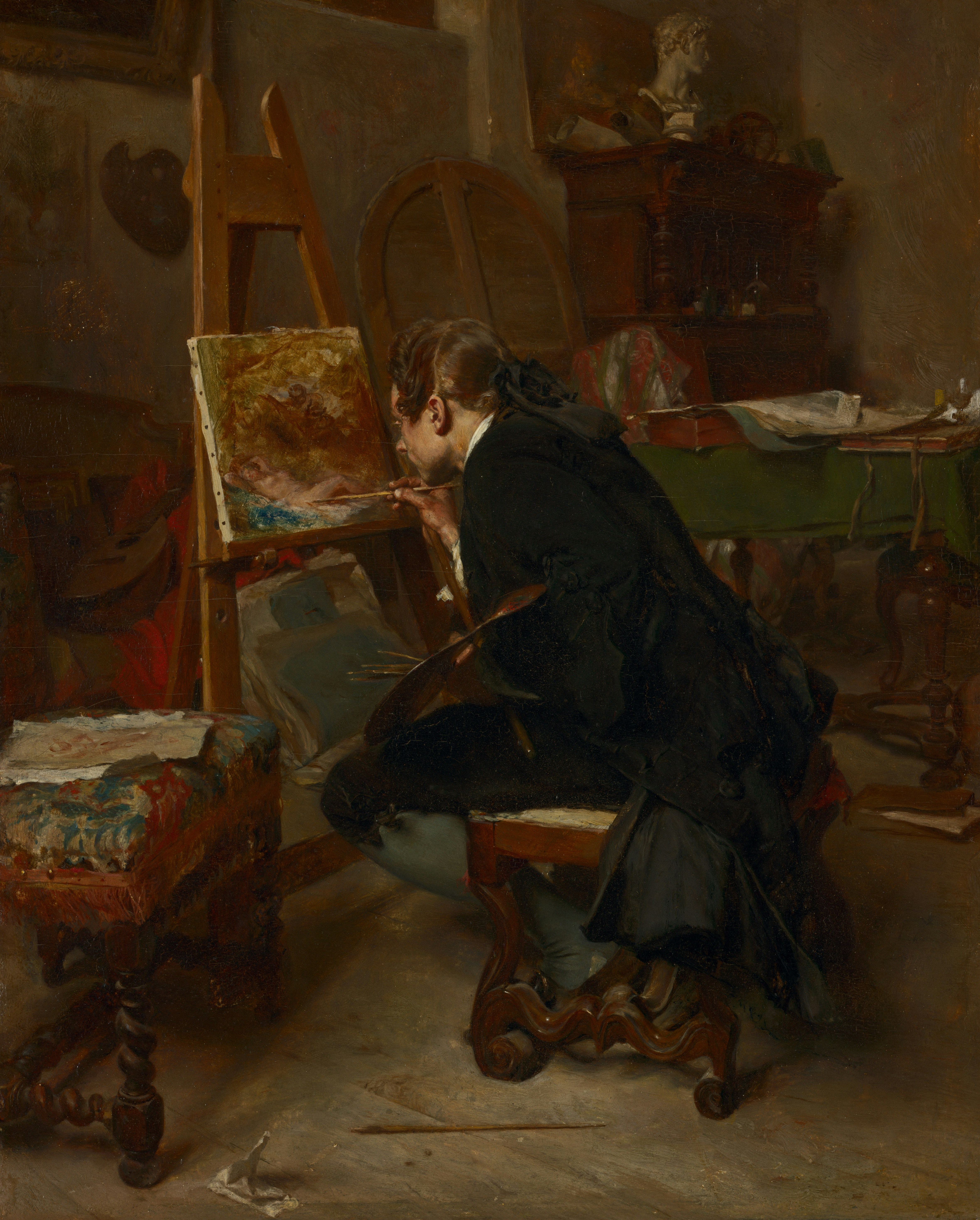 a painting of a man sitting in front of a easel