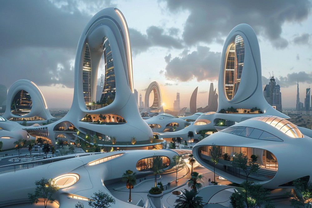 A sleek white, organically shaped, futuristic city with curved buildings at sunset