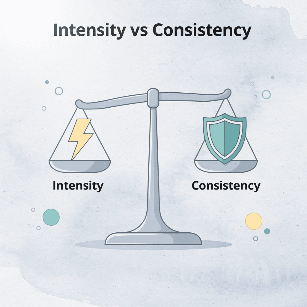Balance scale comparing intensity versus consistency in trading