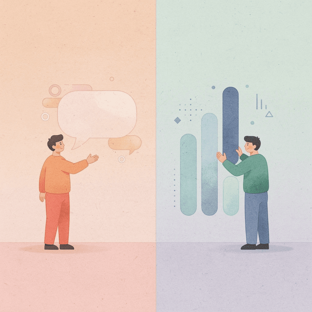Split scene showing traditional memorization versus conversation-based learning approaches
