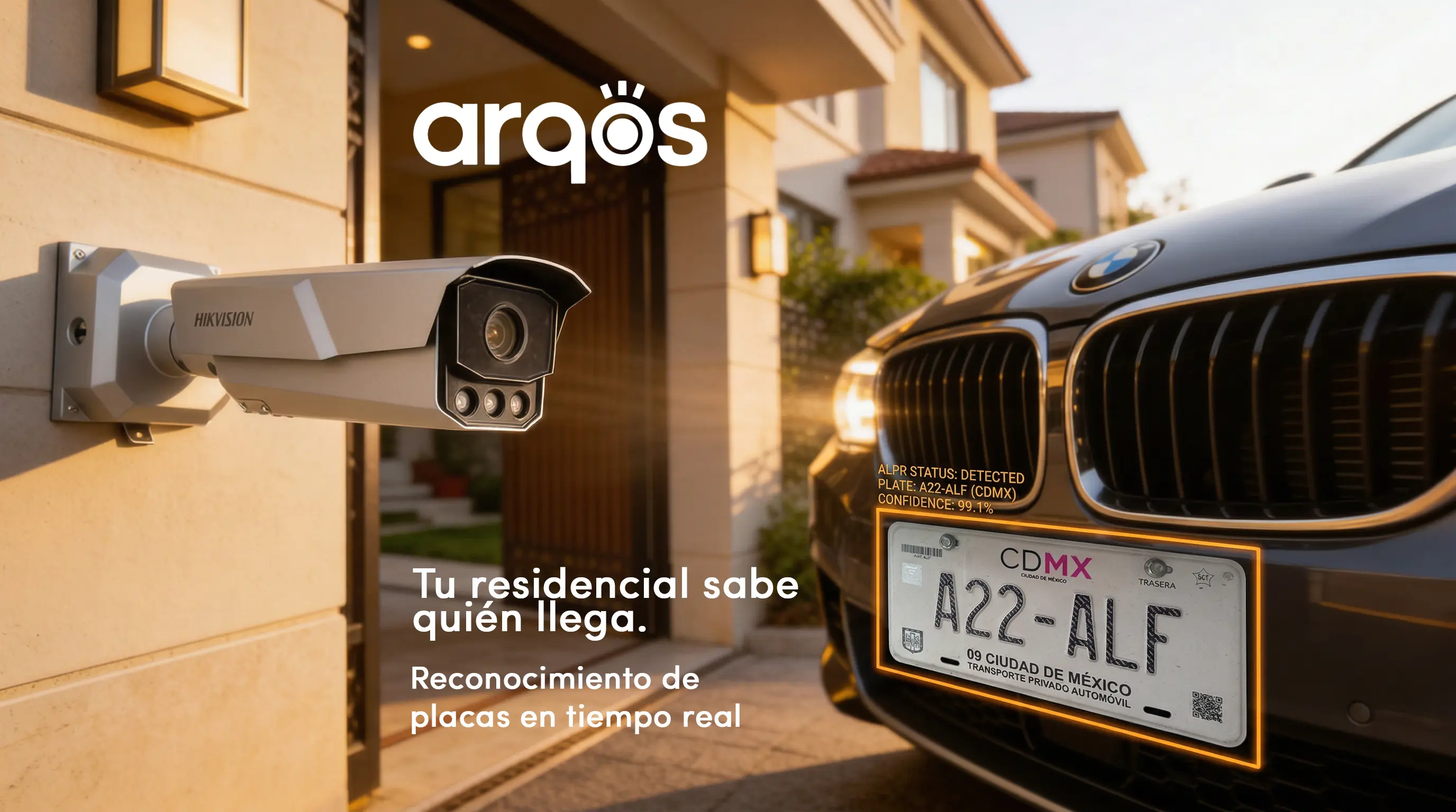 Sistema ANPR de reconocimiento automático de placas instalado en acceso residencial premium con cámara LPR y barrera automática.