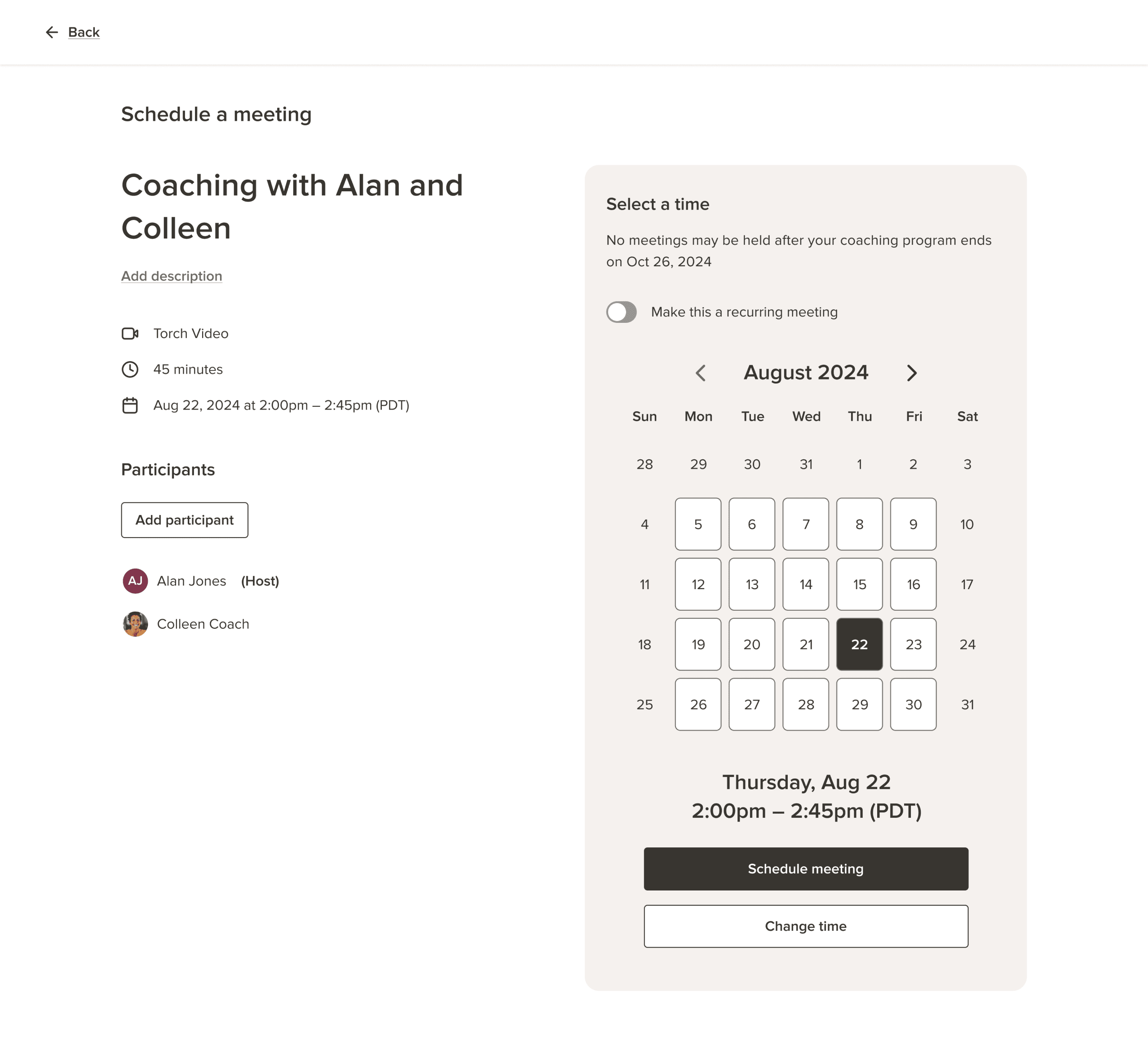 Desktop screen showing meetings interface from Torch redesign, highlighting simplified user experience.