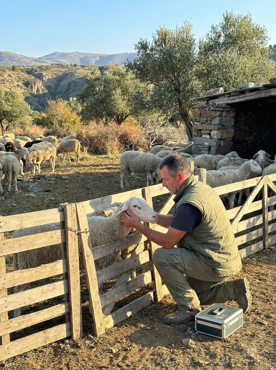 Sheep grazing on a Greek farm, representing livestock health concerns.