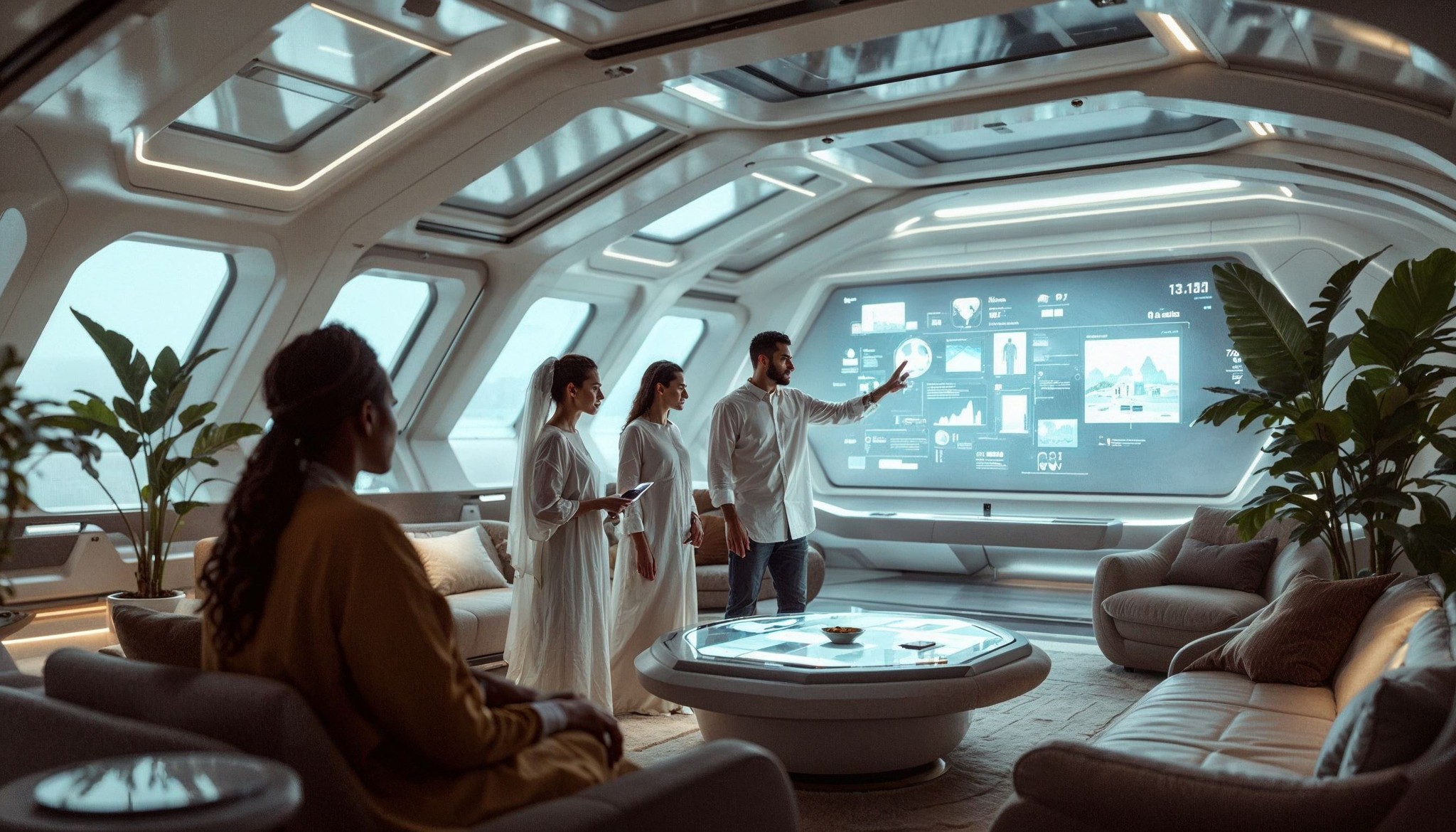 A group of people in a futuristic room with large windows gather around a high-tech screen displaying data. The room features modern furniture, plants, and ambient lighting, creating a sleek and innovative atmosphere.