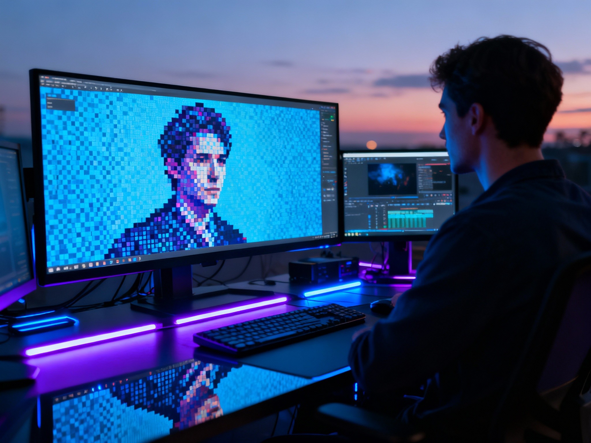 A cinematic dusk scene framed in a wide landscape portraying a digital artist's high-tech