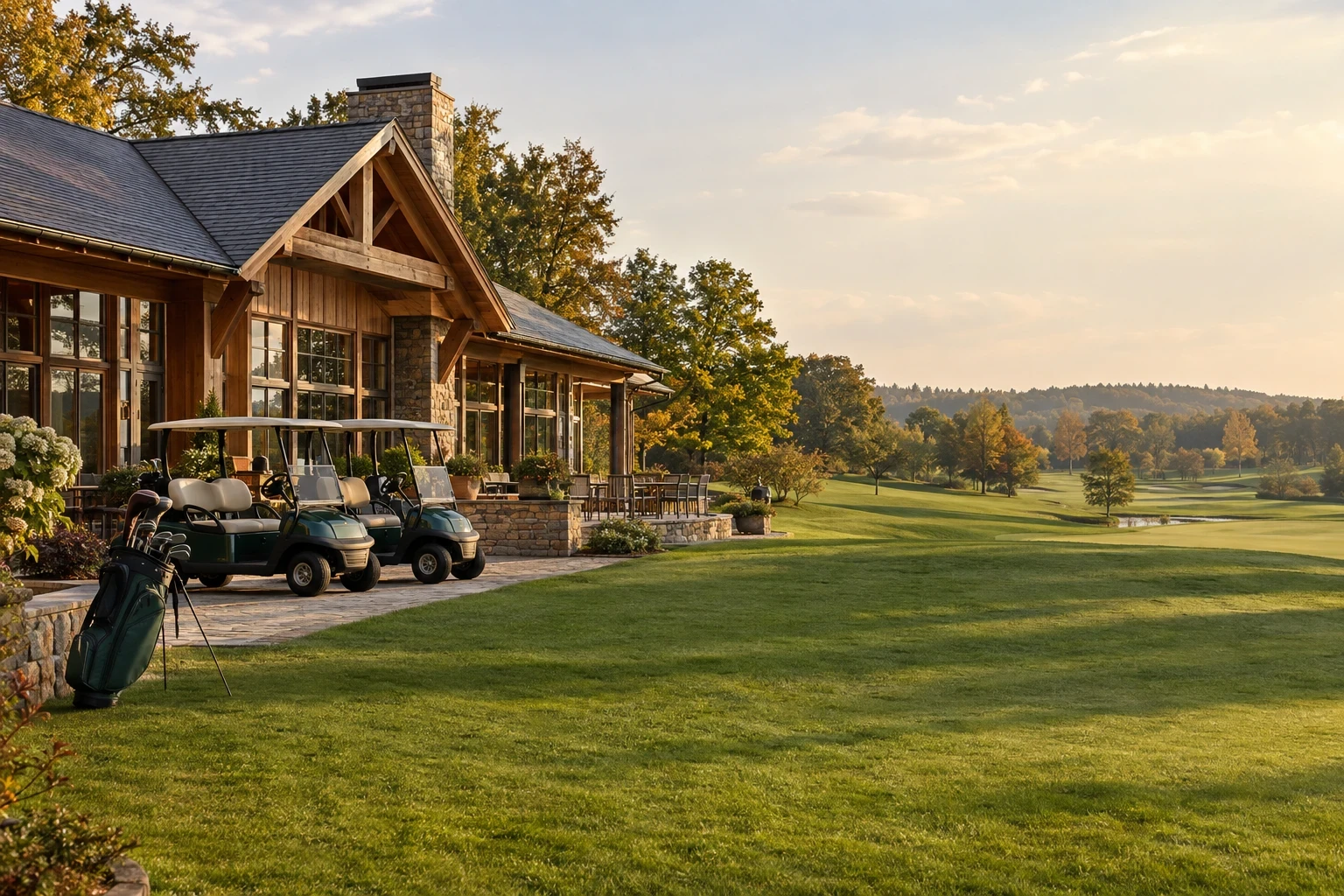 Golfcarts und Tasche neben dem Clubhaus