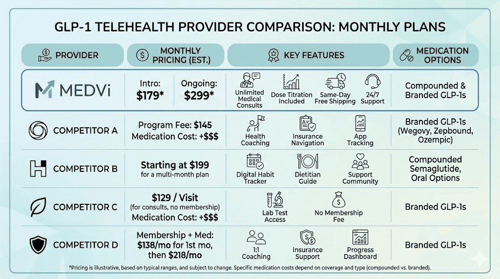 MEDVi vs competitors comparison chart showing pricing and features for telehealth GLP-1 programs