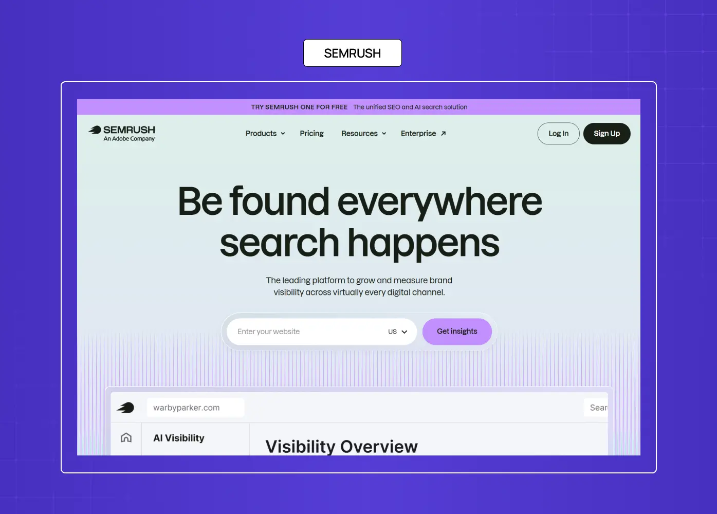 Semrush homepage promoting SEO and AI visibility tools with a clean search-focused interface.
