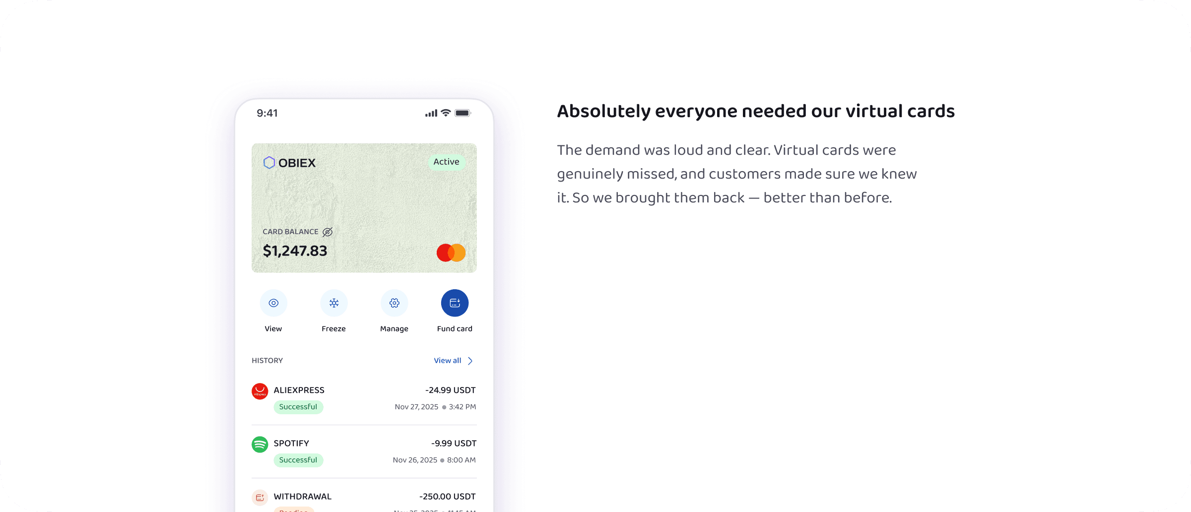 Obiex mobile app screen showing an update based on customer feedback.