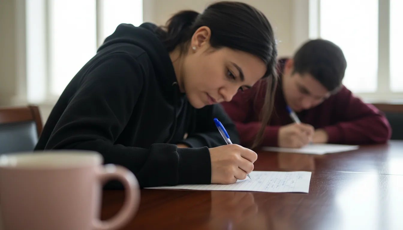 DSLR photograph, medium close-up of a woman in a black sweatshirt writing on a paper with a blue pen at a dark conference table. In the soft-focus background, another person in a maroon shirt is also writing. The scene is illuminated by natural daylight, with a shallow depth of field that keeps the foreground hand and paper in sharp focus. A blurry pink mug sits in the extreme foreground, adding depth to the composition.