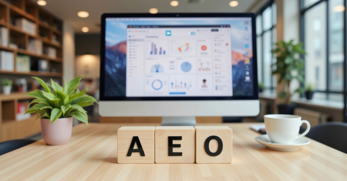 Computer on a wooden desk with a coffee mug and blocks that spell out AEO