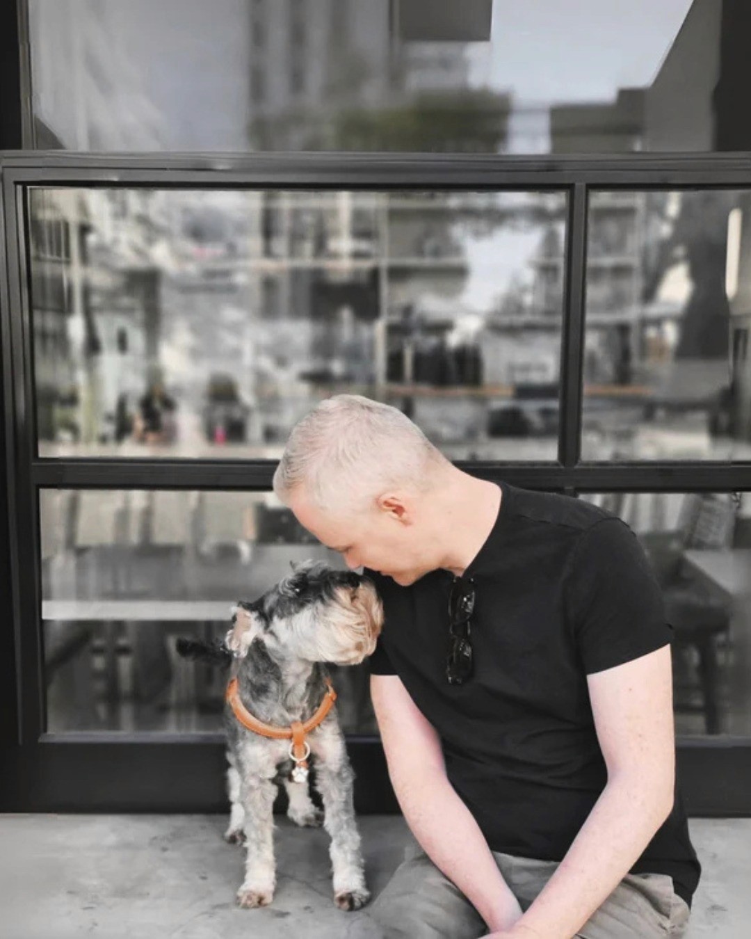 Man sitting beside Miniature Schnauzer outside modern building, sharing affectionate moment.