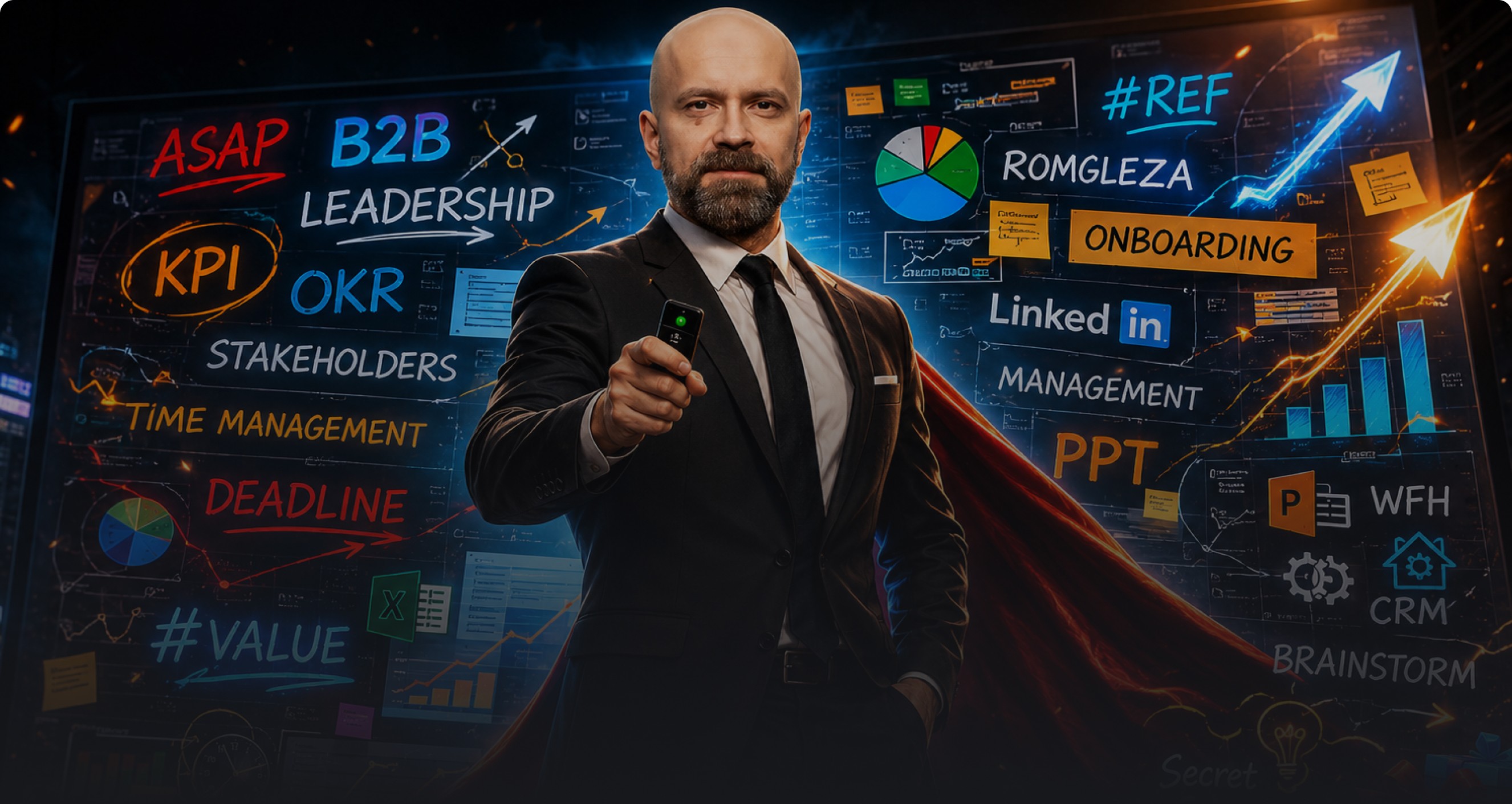 Consultantu Cristi, comedian corporate, în costum cu buzzwords de birou pe fundal