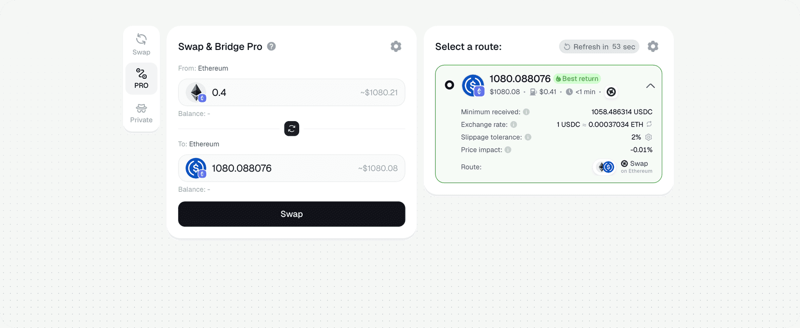 Swap ETH to USDC in Symbiosis PRO mode: 0.4 ETH (Ethereum) to 1,080.09 USDC (Ethereum)