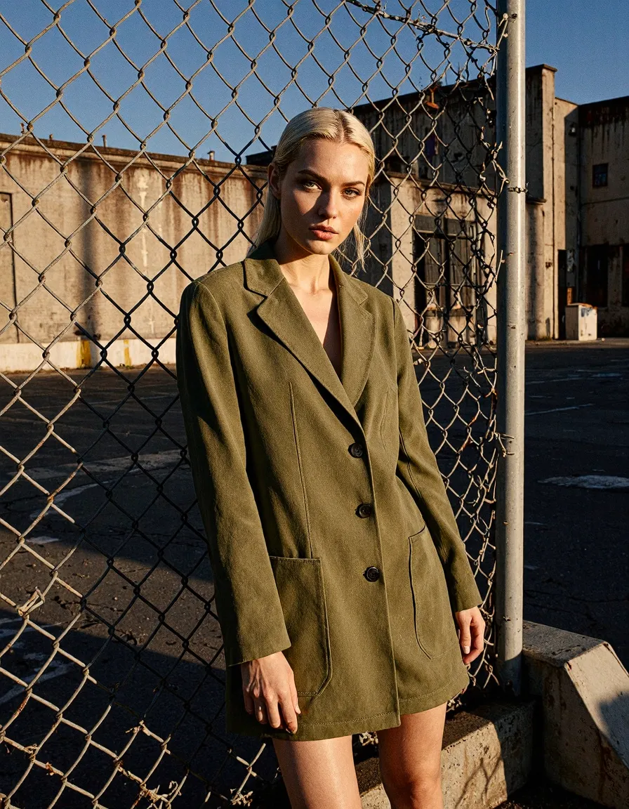 Woman in olive blazer dress against urban chain-link fence with industrial background during golden hour