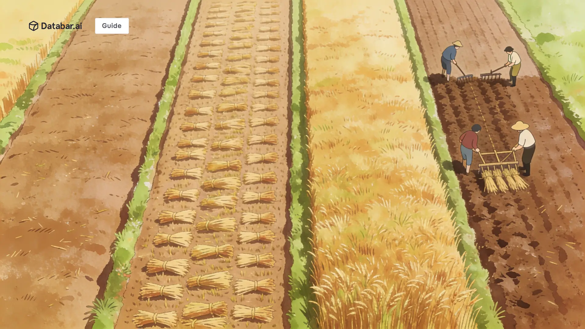 Quarterly business reviews, illustrated as four harvested fields in a row, three cleared and stacked and the fourth still being worked