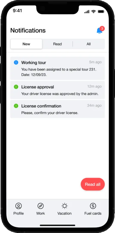 GTE driver unread notifications screen