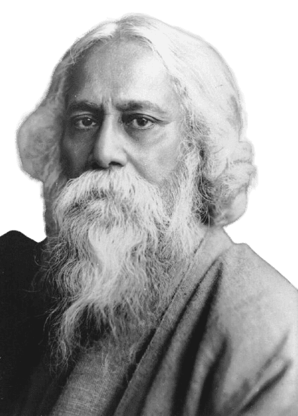 A black-and-white portrait of Rabindranath Tagore, the acclaimed Bengali poet, writer, and philosopher. With his long flowing hair, full beard, and deep, contemplative eyes, Tagore's expression reflects his profound literary and spiritual wisdom. Known for his poetry, songs, and contributions to Indian culture, he was the first non-European to win the Nobel Prize in Literature.