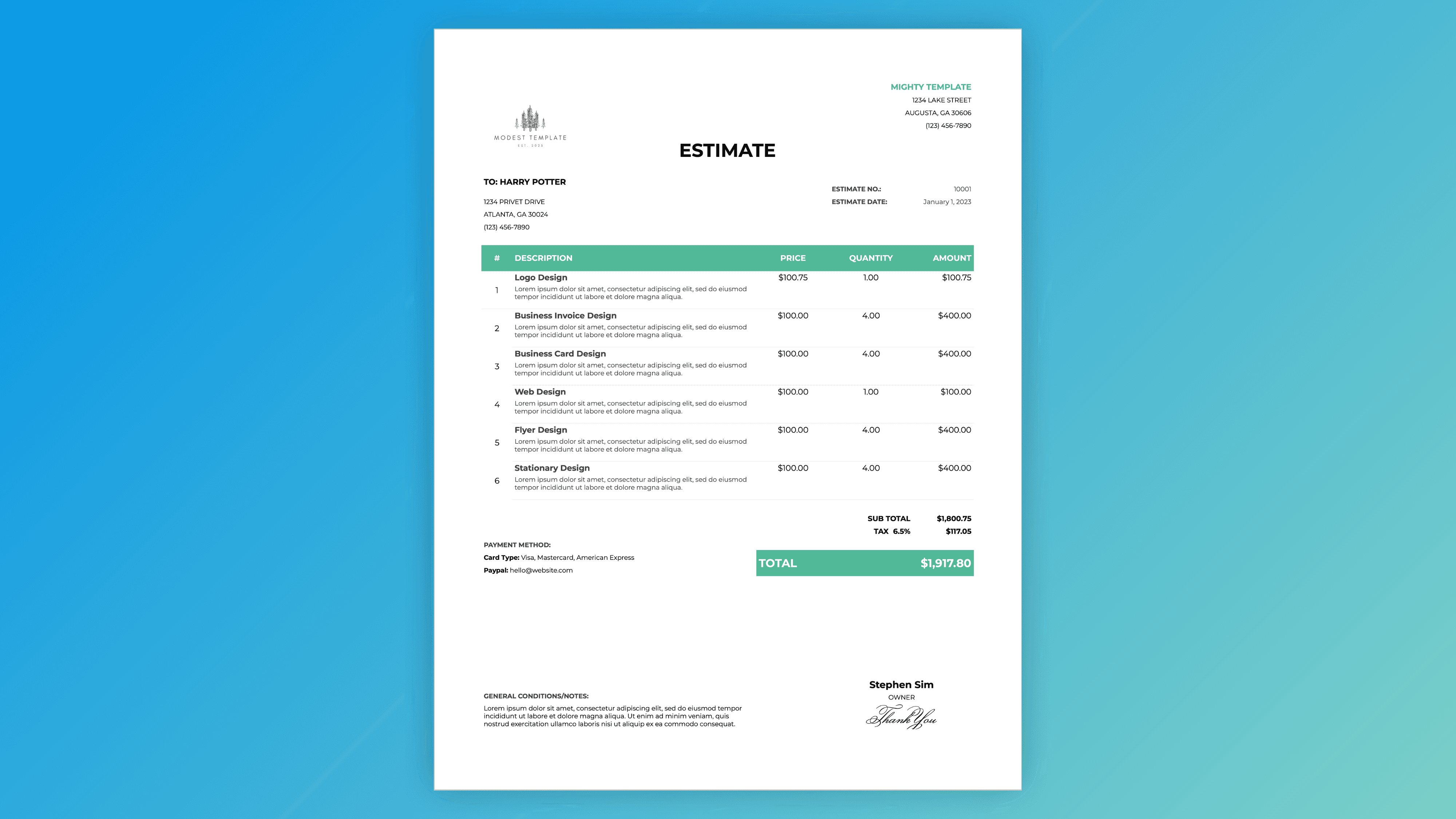 Itemized estimate template – detailed list of services with price, quantity, total columns, subtotal, tax, payment method, and thank you message
