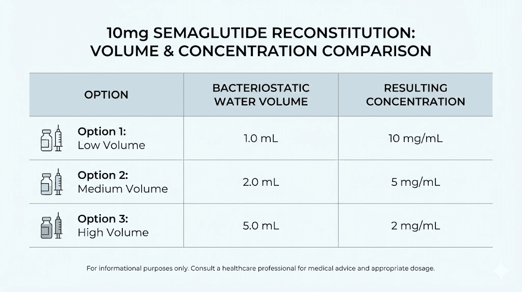 Semaglutide 10mg reconstitution chart showing bacteriostatic water volumes and concentrations