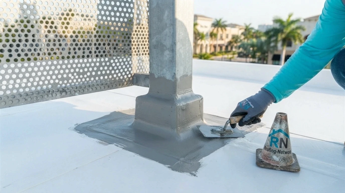 Rooftop screen wall post flashing repair on a Boca Raton commercial flat roof