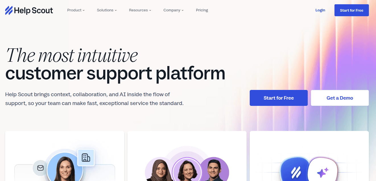 Help Scout homepage with headline 'The most intuitive customer support platform,' describing how it brings context, collaboration, and AI into the support workflow.