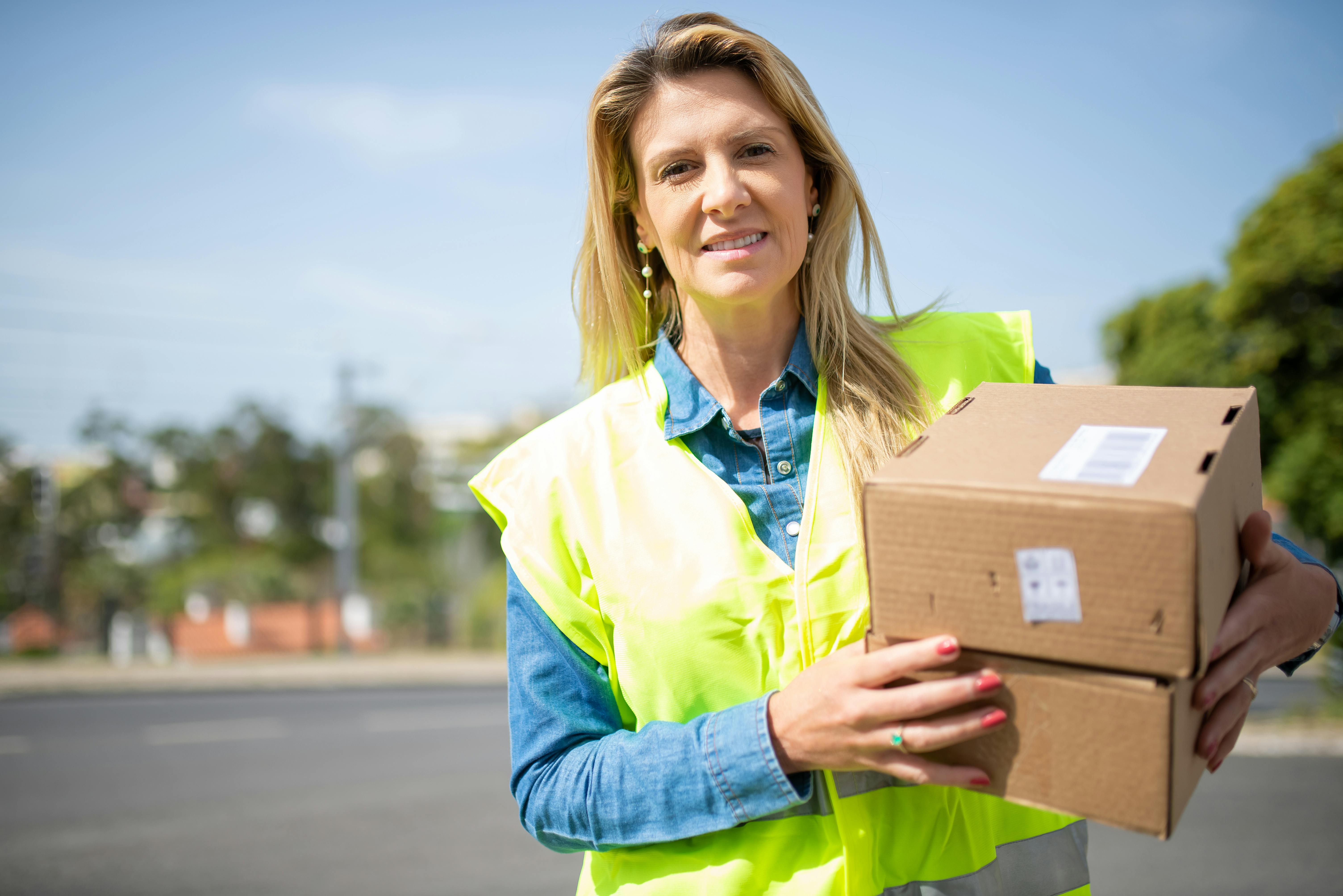 Professional female logistics courier in a high-visibility vest holding packages for global furniture parts export delivery.