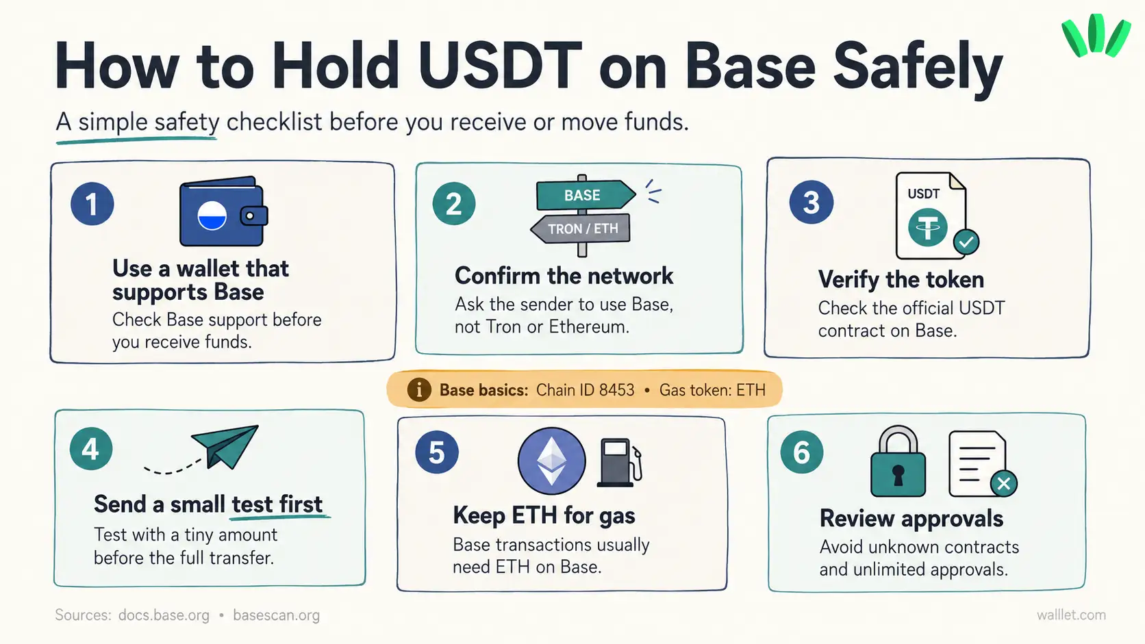 Checklist showing how to hold USDT on Base safely by confirming the network, verifying the token, testing a small transfer, keeping ETH for gas, and reviewing approvals.