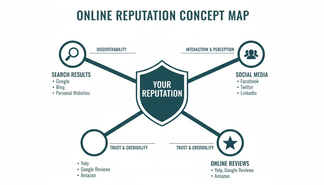 A concept map illustrating online reputation built from search results, social media, and online reviews.