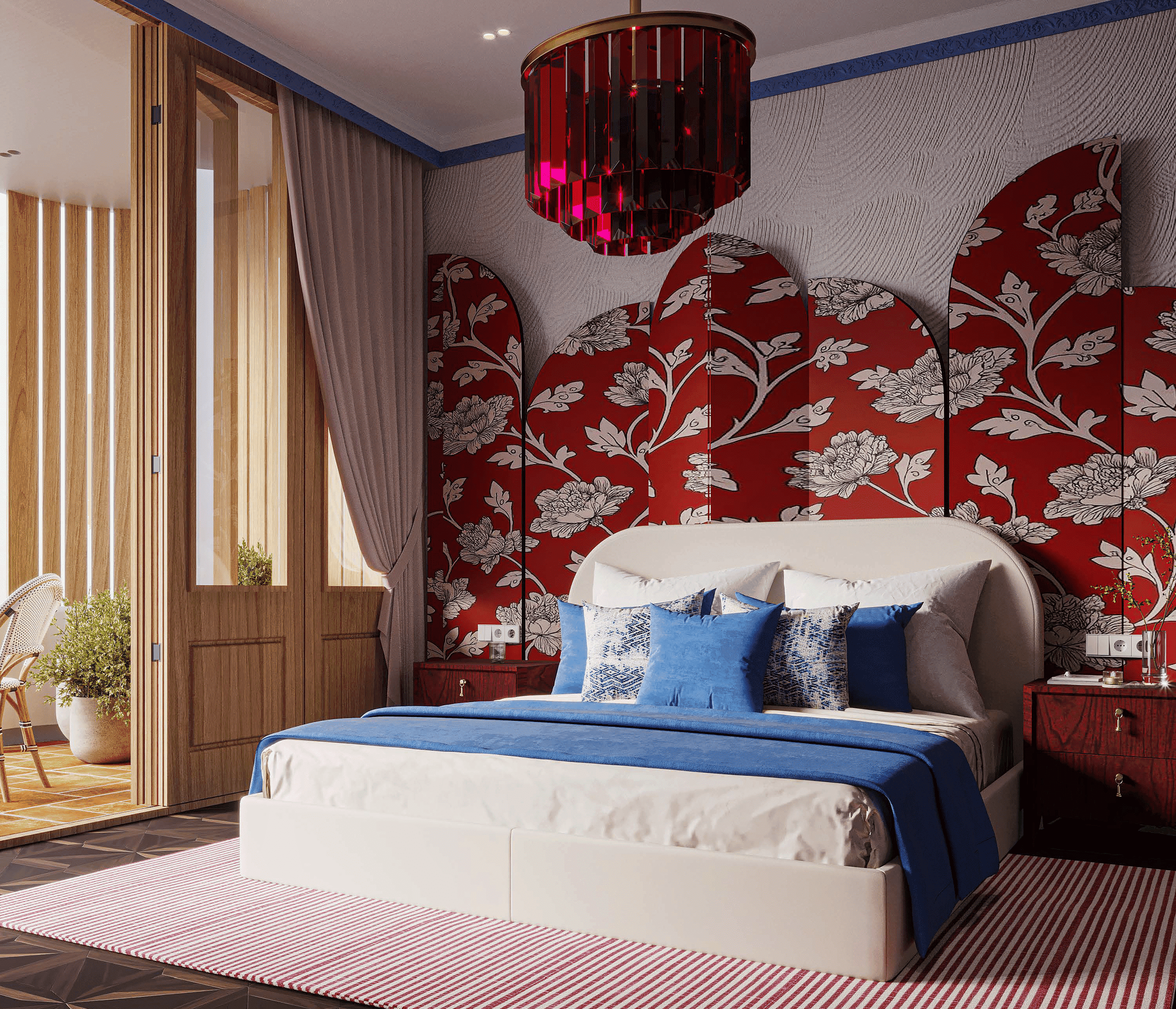 A pool with lounge chairs and umbrellas next to a house