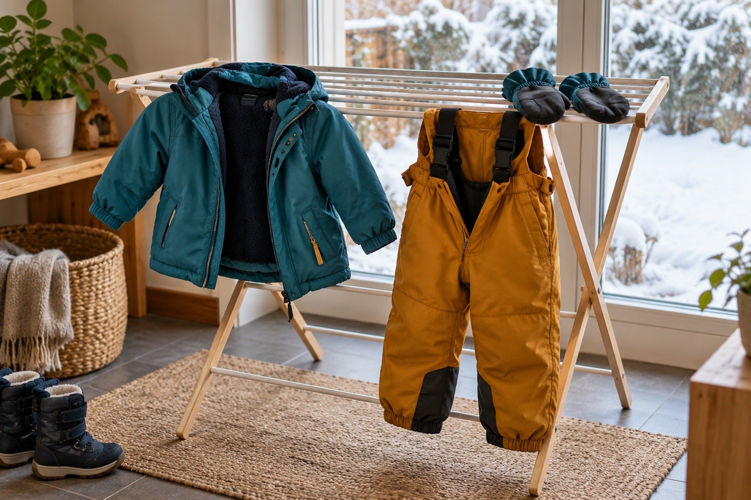 Une veste, un pantalon de neige et des moufles pour enfant sèchent sur un étendoir près d’une fenêtre donnant sur un jardin enneigé.