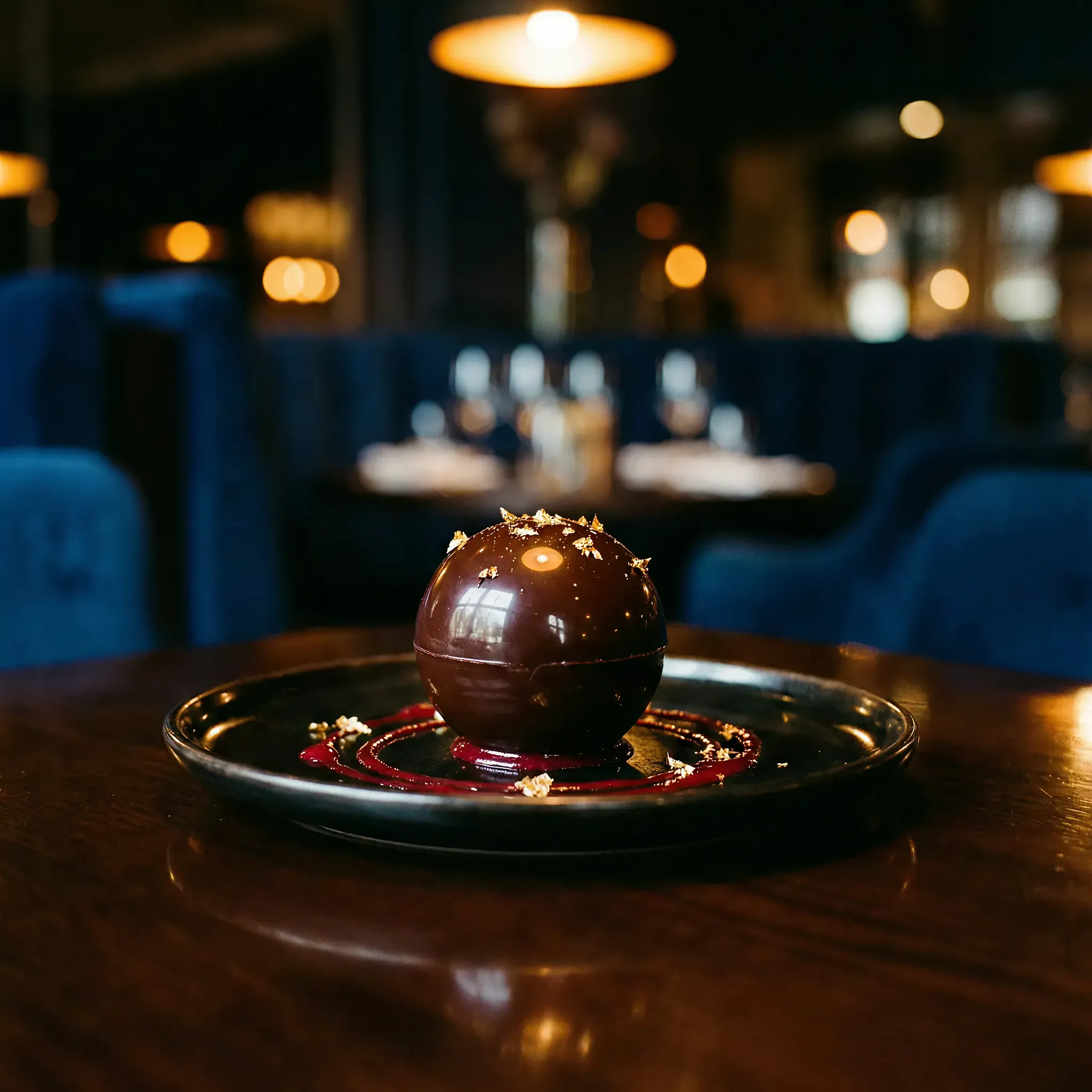 Decadent chocolate sphere garnished with gold leaf on a black plate, set on a dark wood table in a dimly lit, elegant restaurant setting.