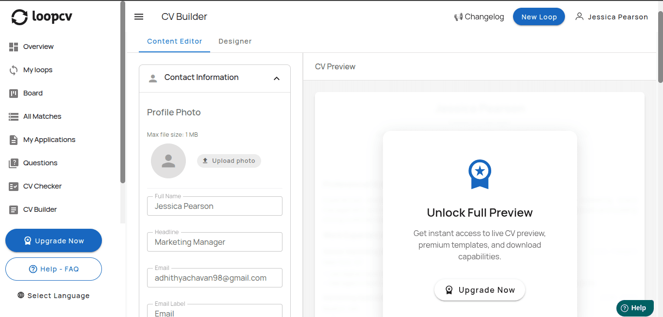 LoopCV generated CV filled with invented work experience under the correct name