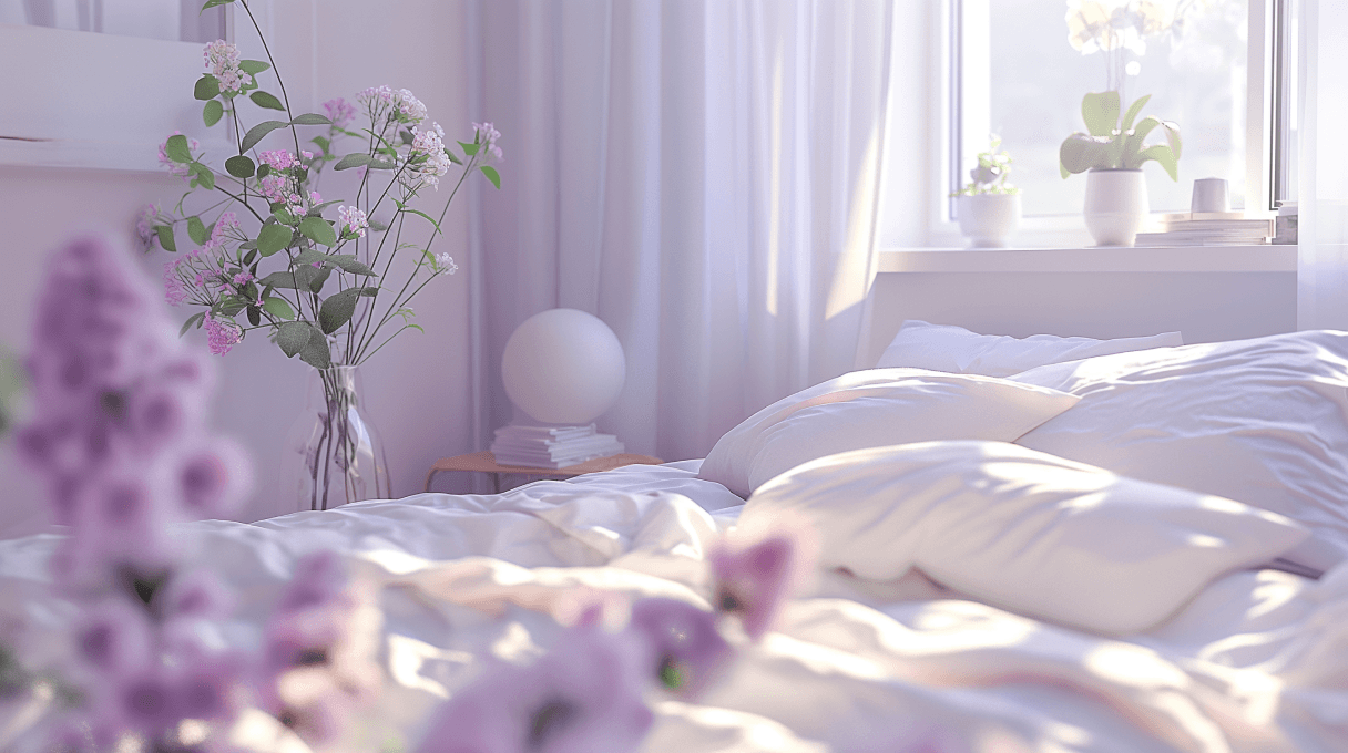 A serene bedroom with purple tones, a minimalist bed, wooden nightstands, and soft natural lighting.