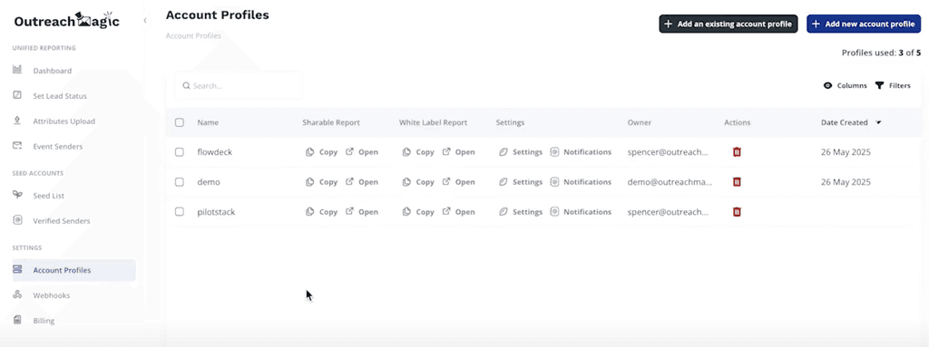 Screenshot of the Outreach Magic 'Account Profiles' page, showing how to create separate profiles for different client campaigns for organized reporting.