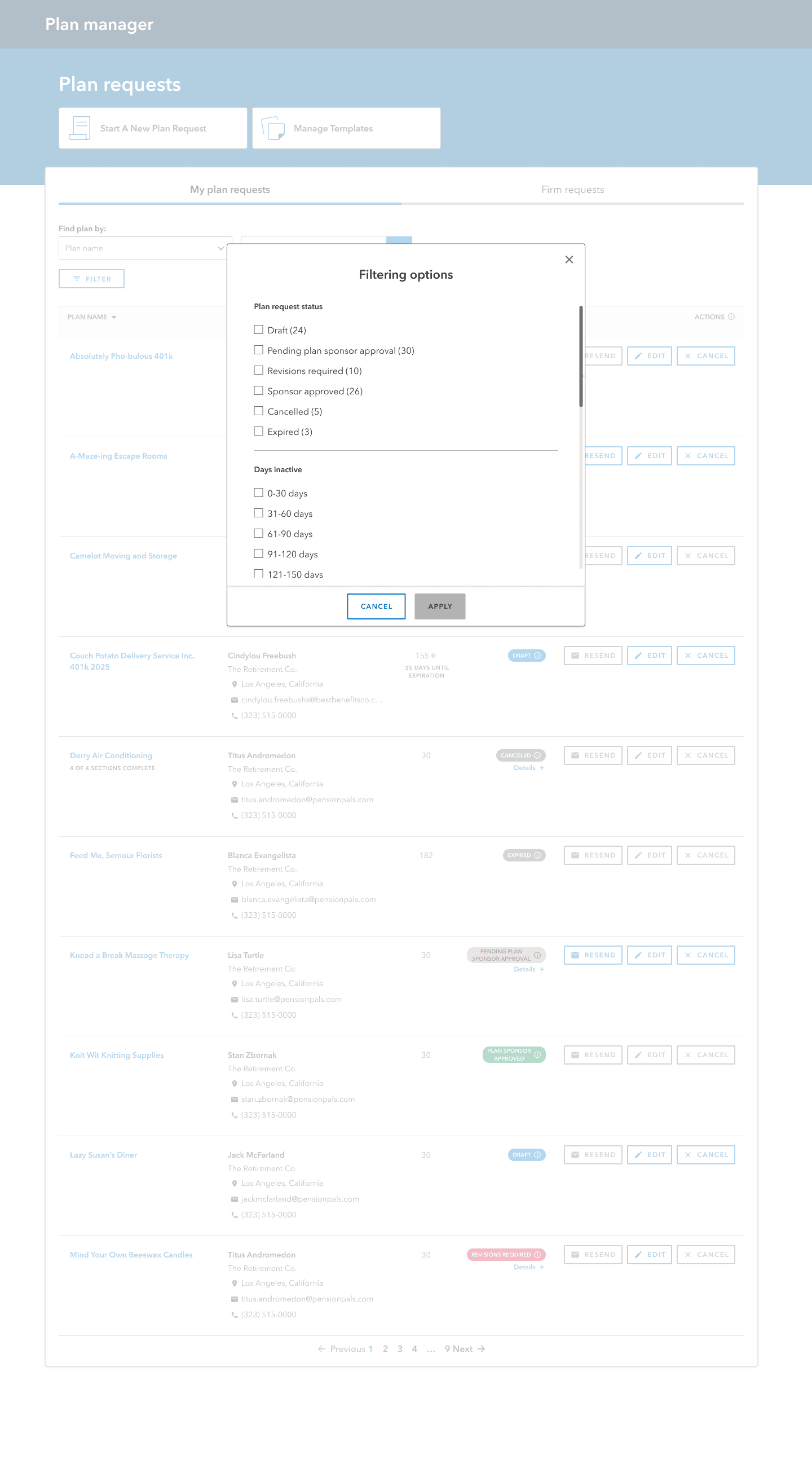 Filtering option modal