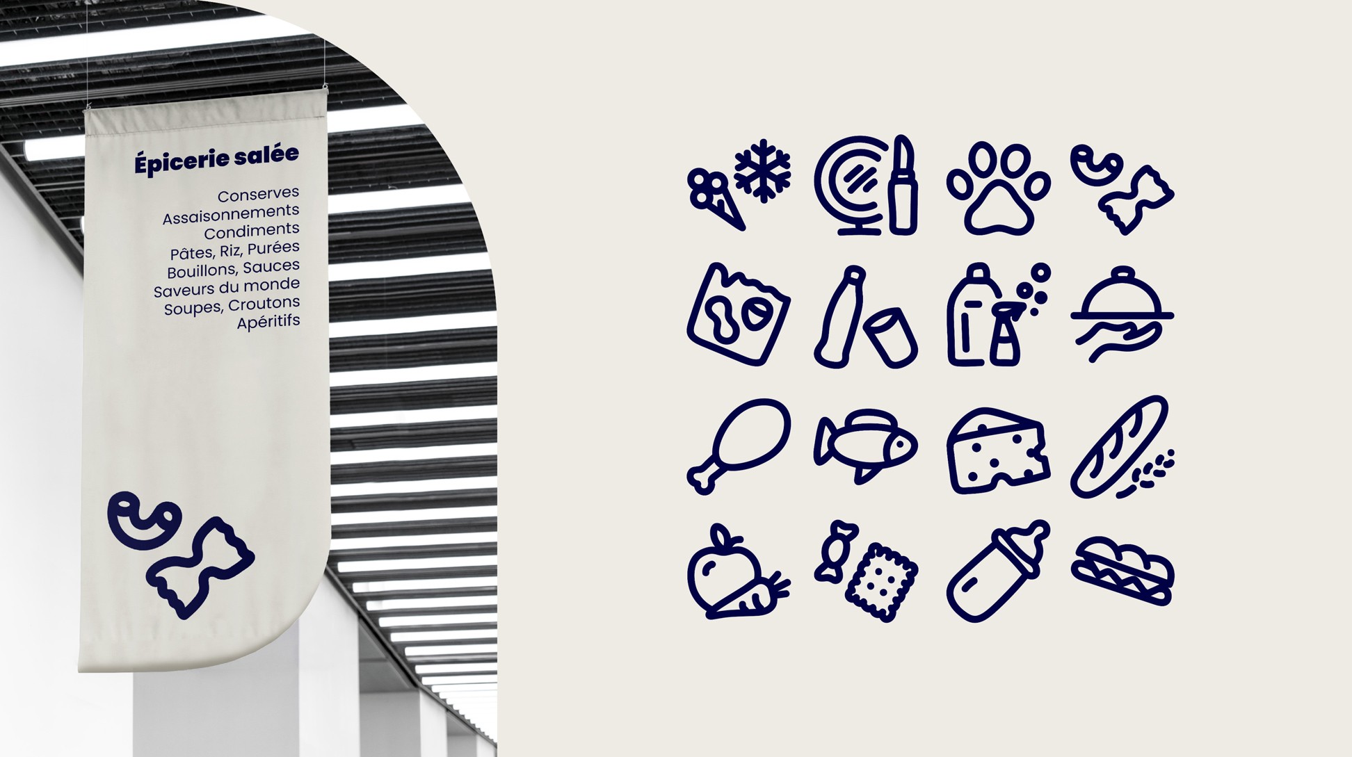 Pictogrammes des rayons des épiceries + drapeau suspendu en rayon dans une boutique : épicerie salée.