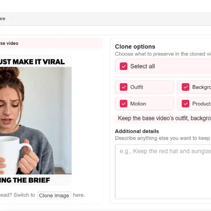 의상, 배경, 스타일, 움직임, 제품을 보존하는 Clone Video 제어 화면